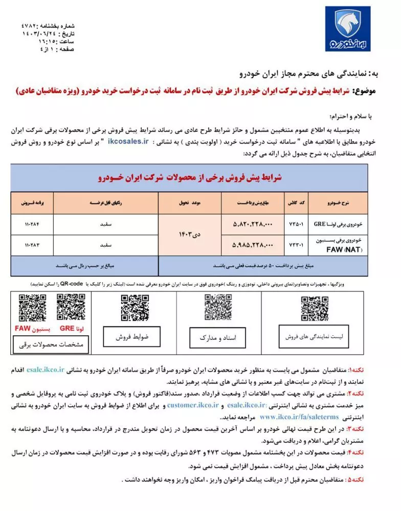 شرایط فروش خودروهای برقی ایران خودرو در شهریور 1403 